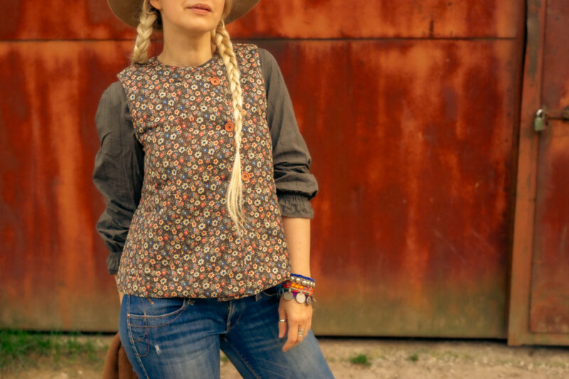 close up of Alda padded floral printed vest